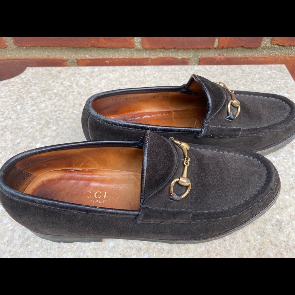 Gucci Dark Suede Gold Horsebit Loafers